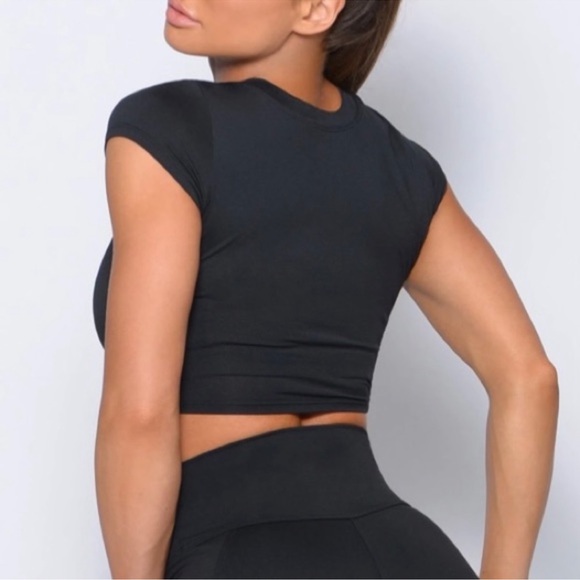 Bombshell Sportswear White Logo Mesh Jersey Side Tie Crop Top Tee Shirt Black - Picture 4 of 12